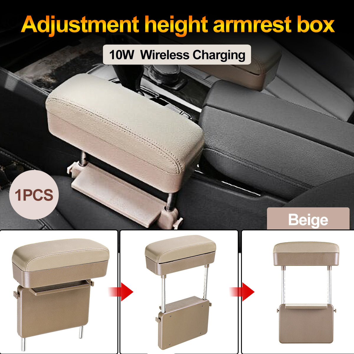 10W Wireless Charger Armrest Storage Box Support Bracket Adjustment Height Box - Auto GoShop
