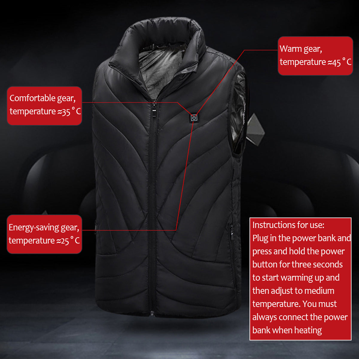 Black Red/Black 5V USB Heated Vest Men Winter Electrical Heated Sleeveless Jacket Outdoor Hiking
