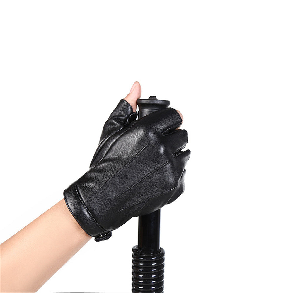 Dark Slate Gray PU Motorcycle Half Finger Gloves Thicken Warm Winter Outdoor Hunting Fleece Leather