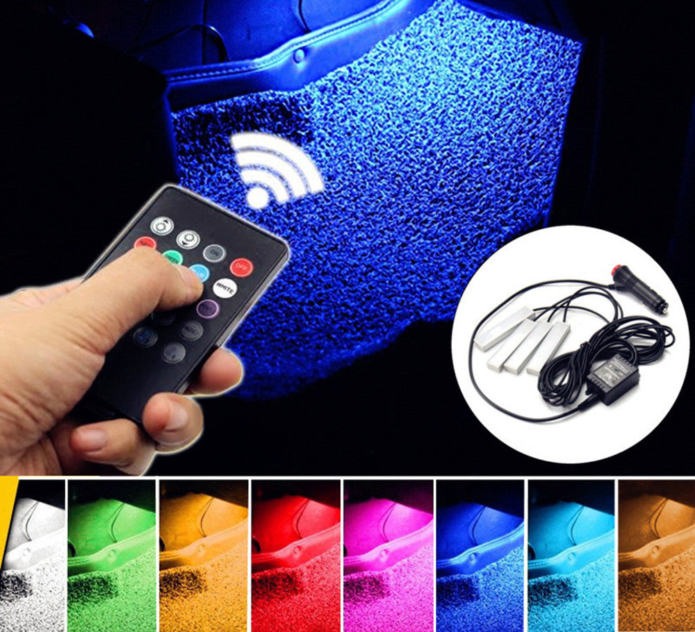 Dark Blue 4PCS RGB LED Car Foot Floor Atmosphere Lights Intelligent Sound Control Colorful Decoration Lamp DC12V with Remote Control
