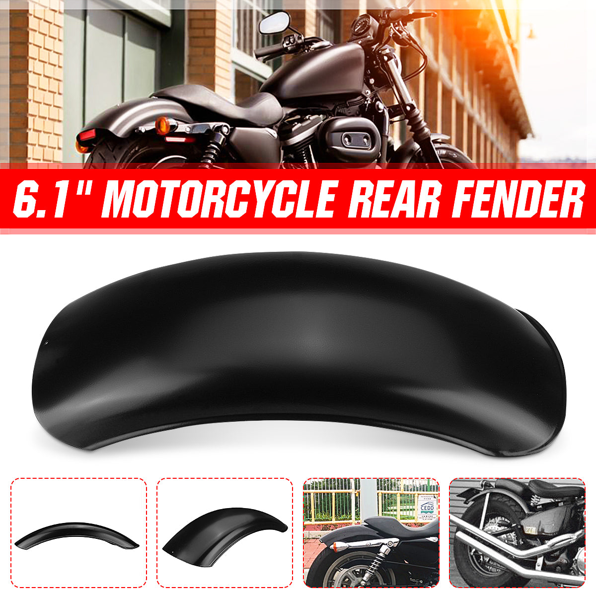 Red 6.1 Inch Motorcycle Rear Fender Mudguard Flat Stainless Steel For Bobber Chopper