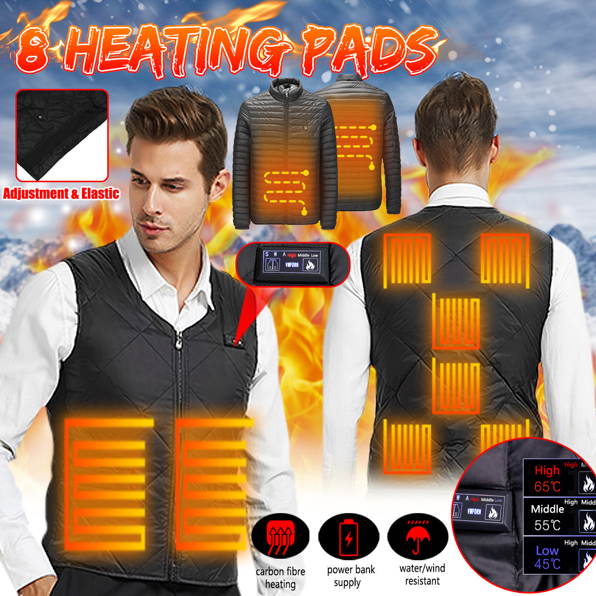 Dark Orange Dual ButtonElectric USB Down Vest Jacket Heated Jacket Adjust 8 heating Pads Hotplates Washable Winter Warm 3 Adjustment Temp