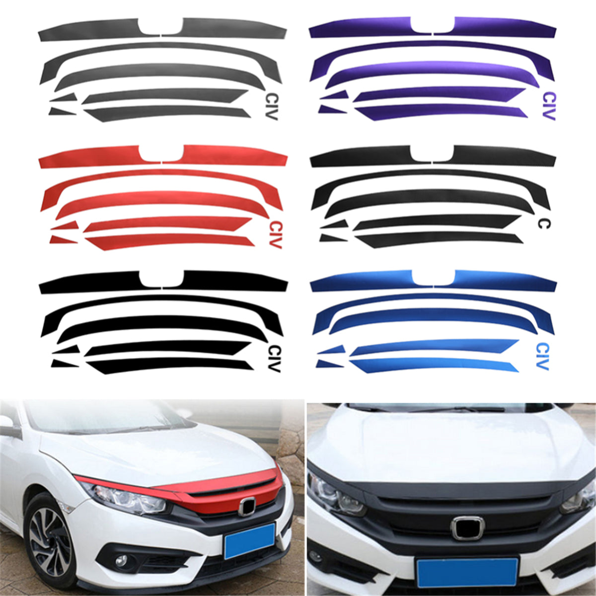 White Smoke Front Bumper Grille Sticker Decal Fit Honda Civic 10th 2016-17 Grill Decoration