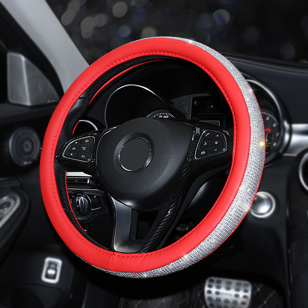 15'' PU Leather Car Steering Wheel Covers With Crystal Rhinestone Universal - Auto GoShop