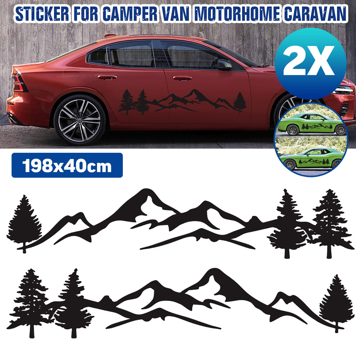 Saddle Brown 2pcs Side Body Stickers Decal Mountain & Tree For Camper Van Motorhome Car Caravan Boat
