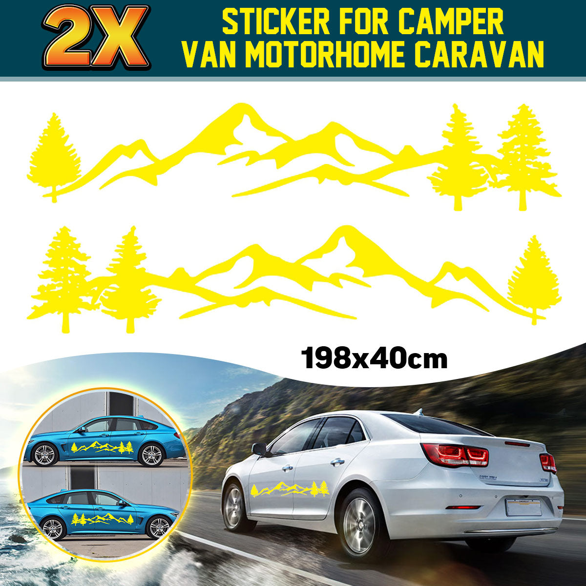 Yellow 2pcs Side Body Stickers Decal Mountain & Tree For Camper Van Motorhome Car Caravan Boat